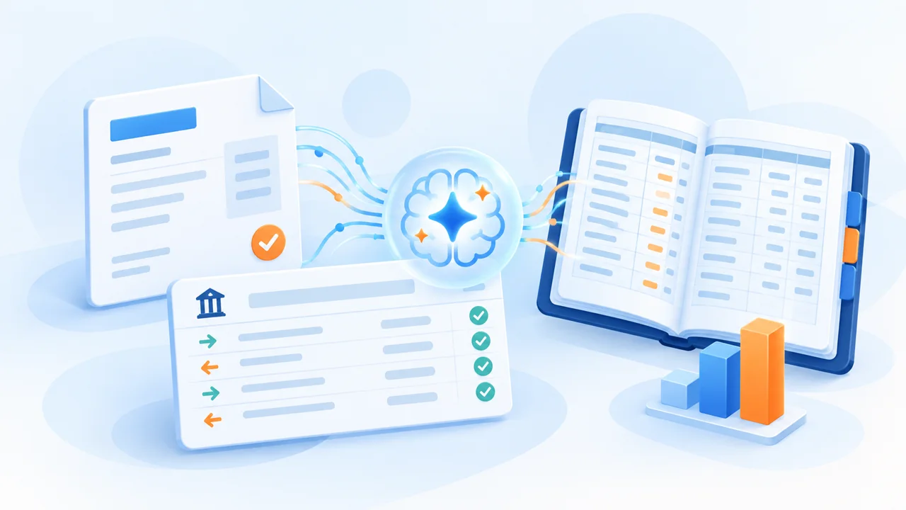 Illustration of AI-assisted review connecting invoices and bank entries to a ledger