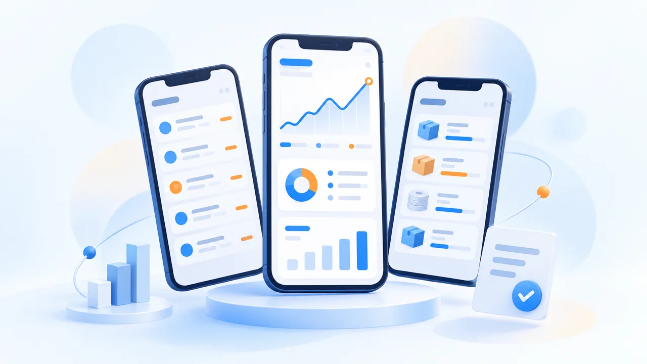 Illustration of mobile business views for sales, approvals, and stock