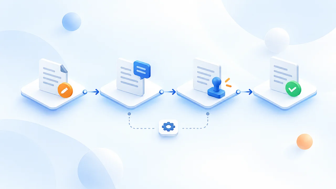 Illustration of a document moving through review and approval steps